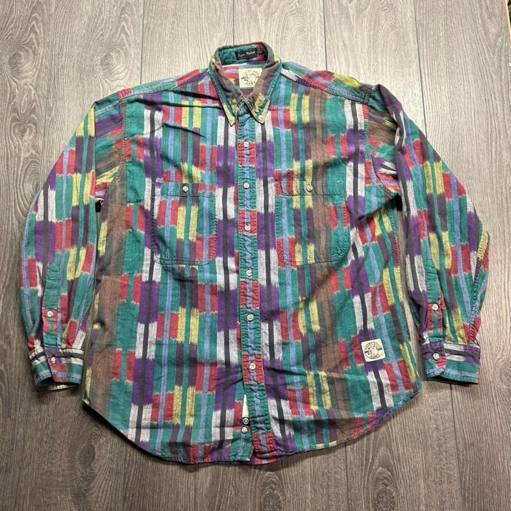 Vintage Gant Salty Dog Super Madras Large Ikat Stripe Button Down Shirt Mens 90s